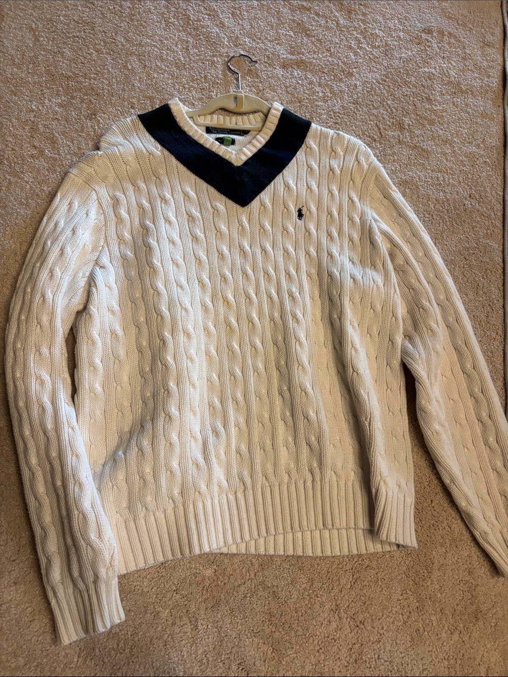 Ralph Lauren Men's Cream Cable-Knit V-Neck Sweater with Navy Trim